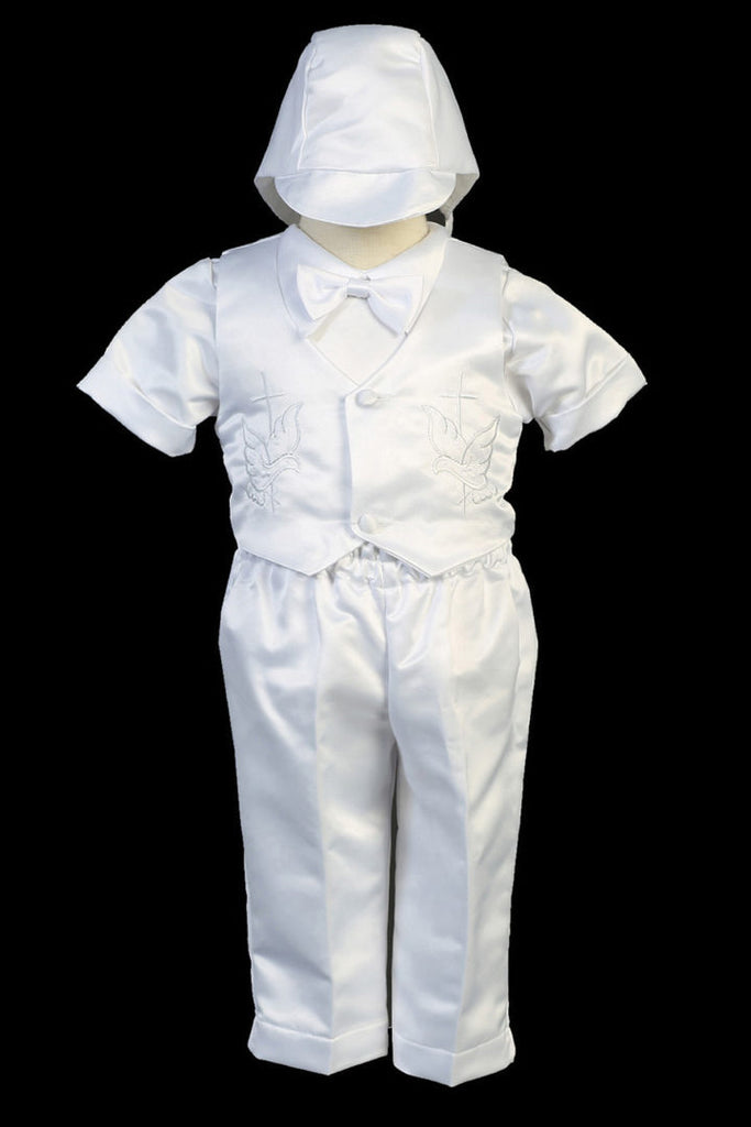 BOYS WHITE/SATIN BAPTISM LONG PANTS SET WITH CROSS EMBROIDERY
